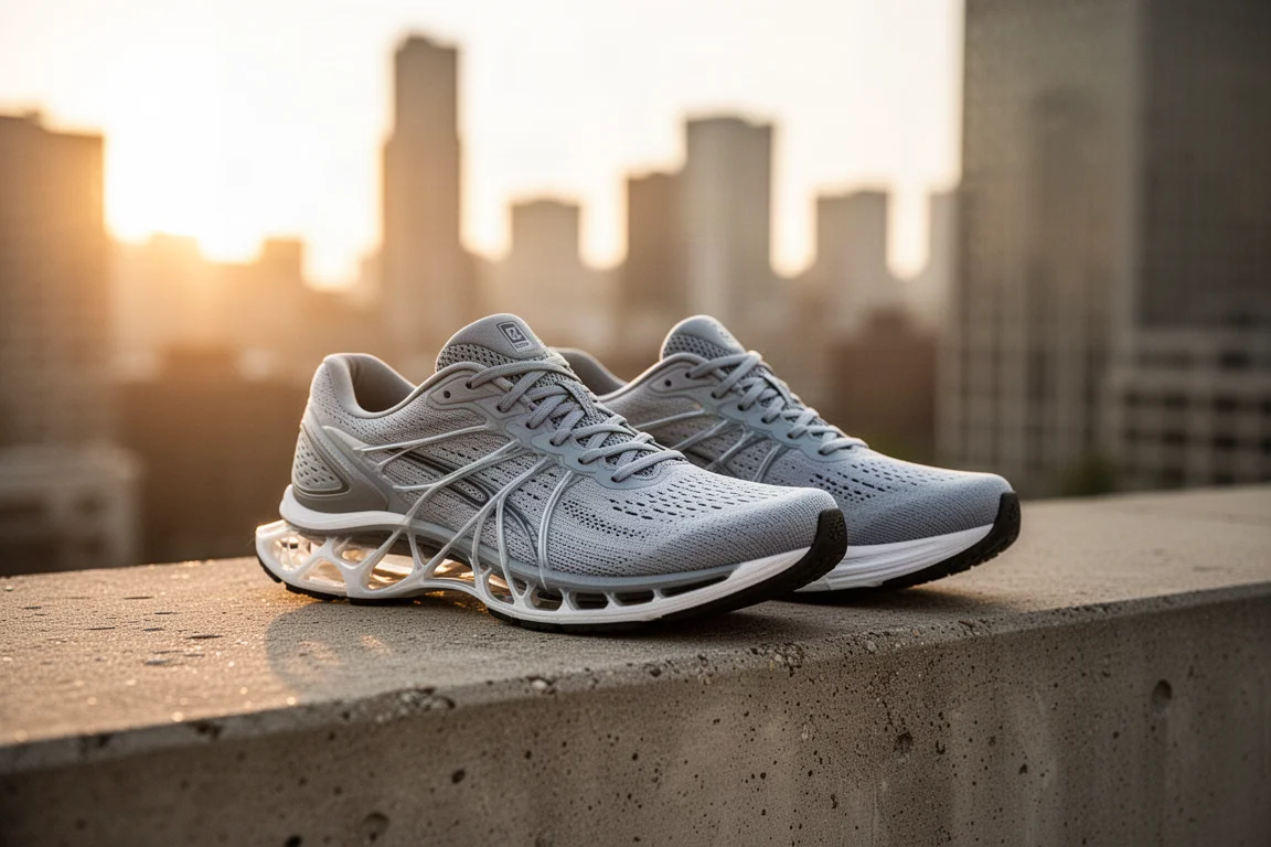 Paire de chaussures de running posée sur un rebord urbain à côté d'un café à l'heure dorée