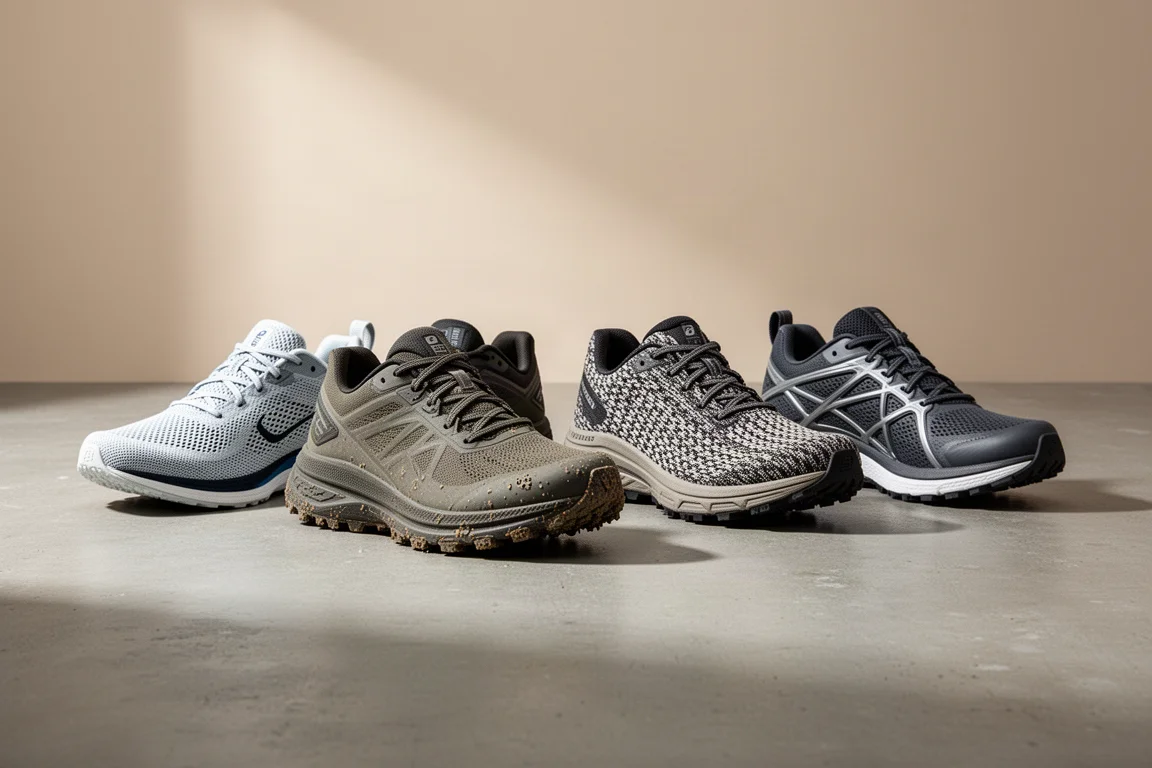 Vier Versionen des Adidas Evo SL Laufschuhs auf einer Betonoberfläche arrangiert