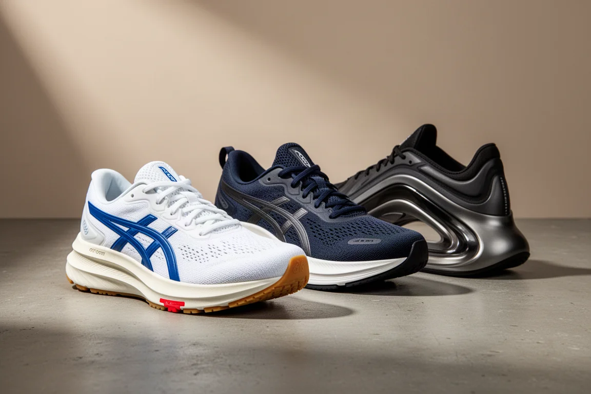 Three performance running shoes arranged on a concrete surface