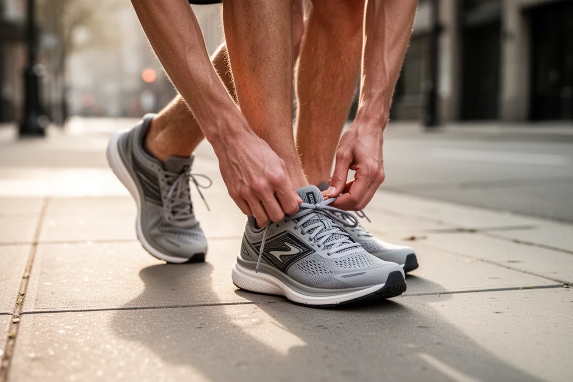 Coureur laçant une chaussure d'entraînement quotidien sur un trottoir urbain dans une douce lumière matinale