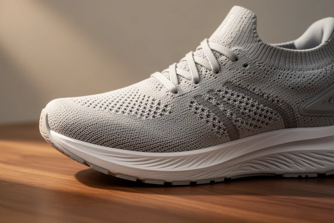 Détail de la tige en maille d'une chaussure de running sous un éclairage de studio doux