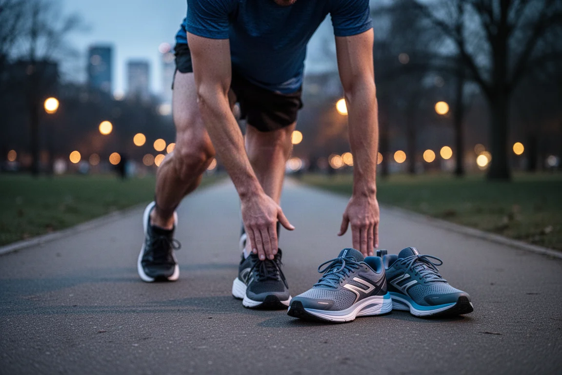 Coureur s'étirant à côté des deux trainers après une longue course au crépuscule