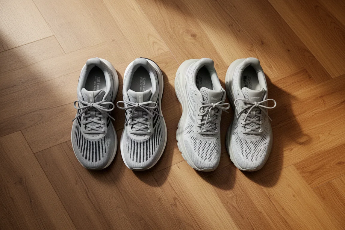 木製の床に並べられた2足のランニングシューズ