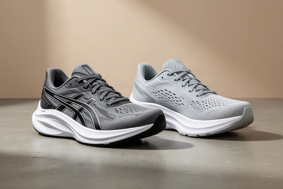 Two lightweight running trainers side by side on a concrete surface