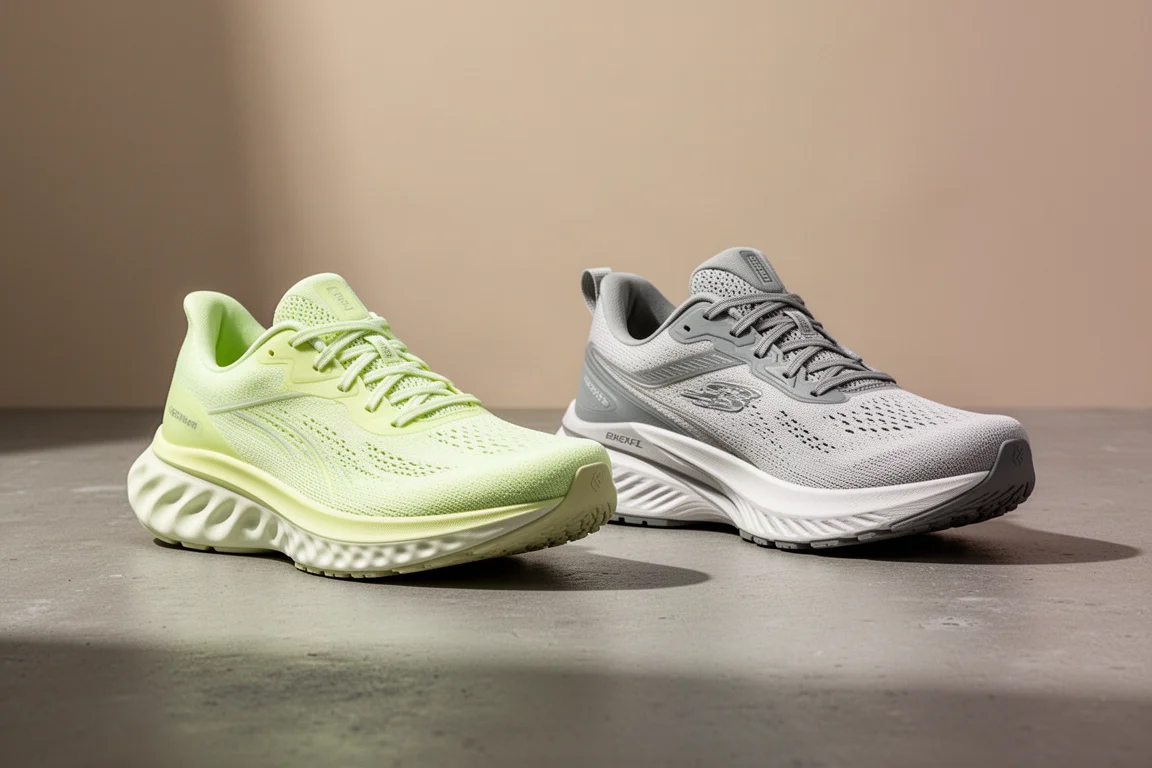 Two performance running shoes side by side on a concrete surface