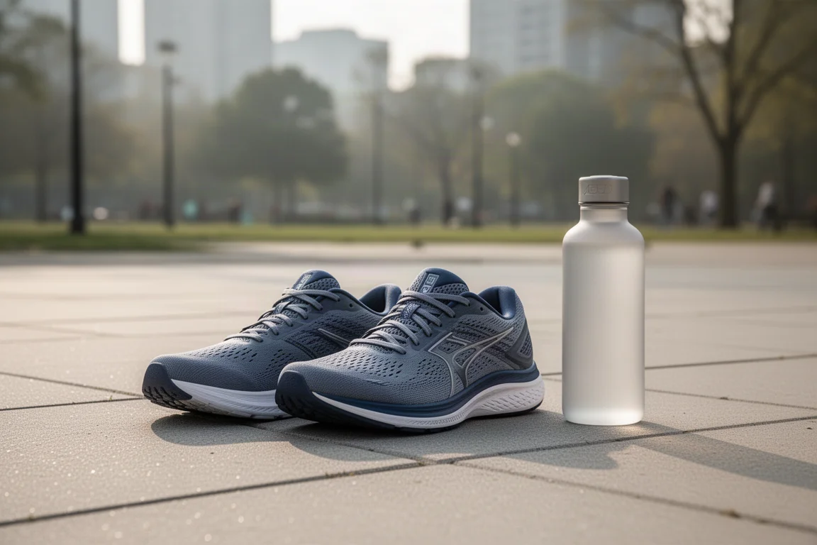 Dos zapatillas de running lado a lado sobre una superficie de hormigón junto a una botella de agua