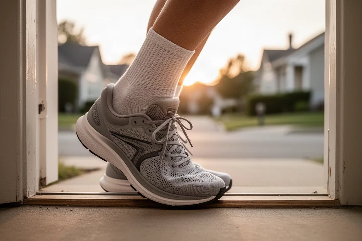 Corredor atándose las zapatillas de running en un portal antes de un entrenamiento de madrugada