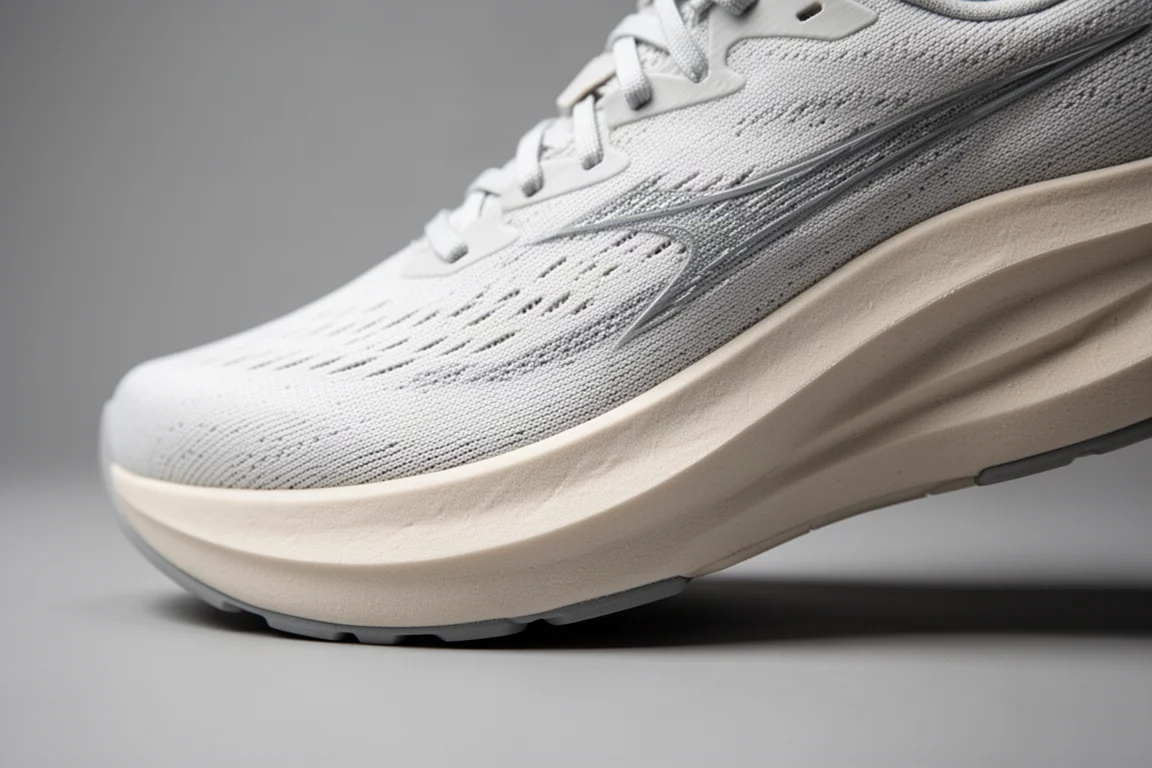 Primer plano de la mediasuela de una zapatilla de running mostrando la compresión de la espuma y la geometría rocker