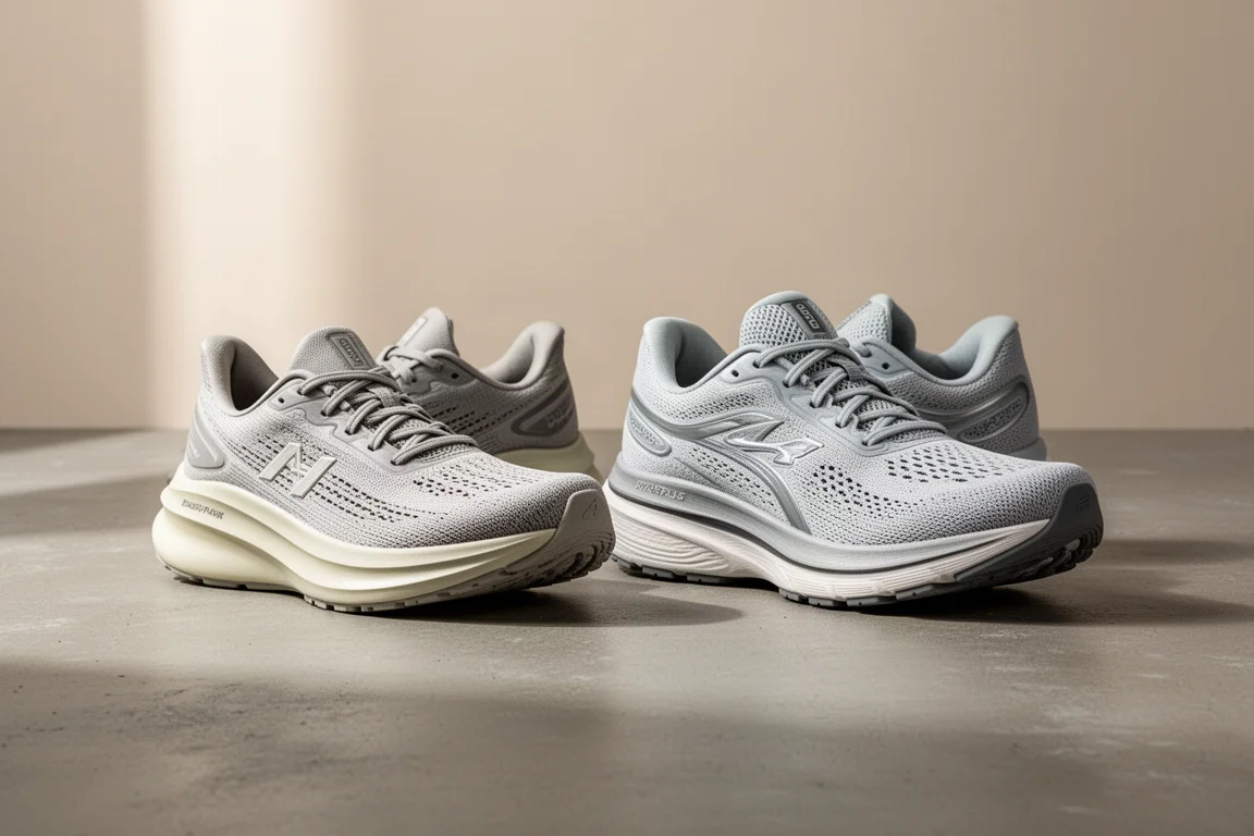 Adidas Evo SL and Saucony Ride 18 running shoes side by side on concrete