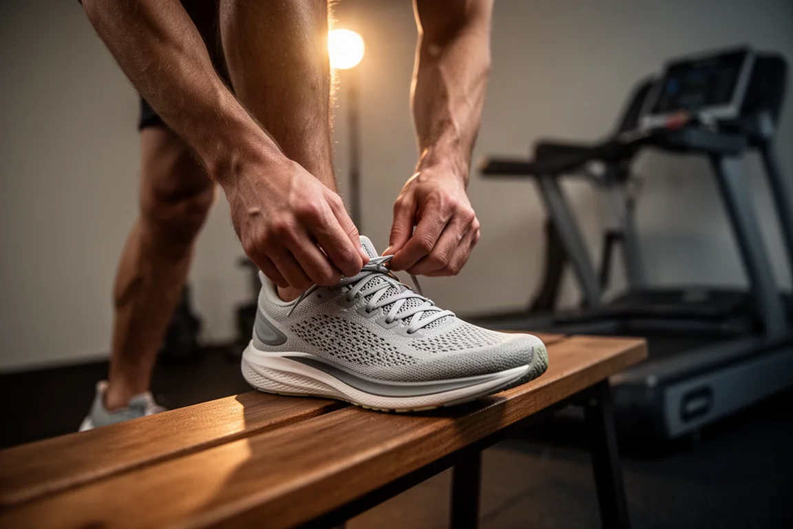 Un corridore allaccia una scarpa da running leggera prima di una seduta su tapis roulant al mattino presto