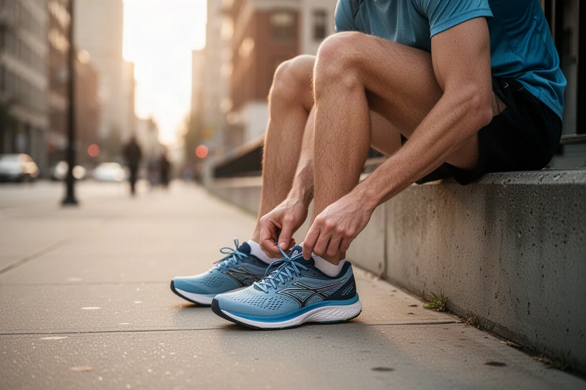Primer plano del upper de una zapatilla de running con textura de malla y cordones