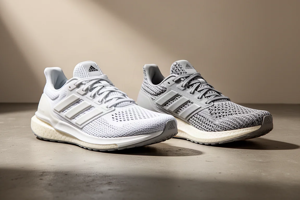 Two Adidas Evo SL running shoes side by side, standard and woven upper versions