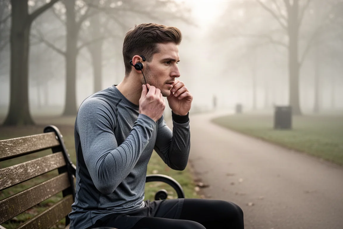 Un coureur insérant un écouteur à ailette dans son oreille avant une course matinale