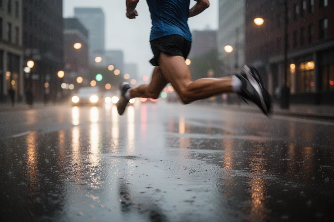 Un coureur dans une rue de ville sous la pluie pendant une séance d'entraînement