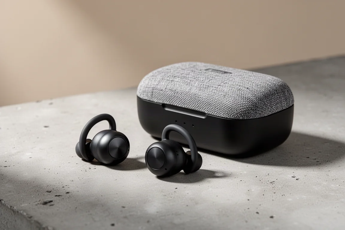 Matte black sport earbuds with wing tips beside a slim fabric-lidded charging case