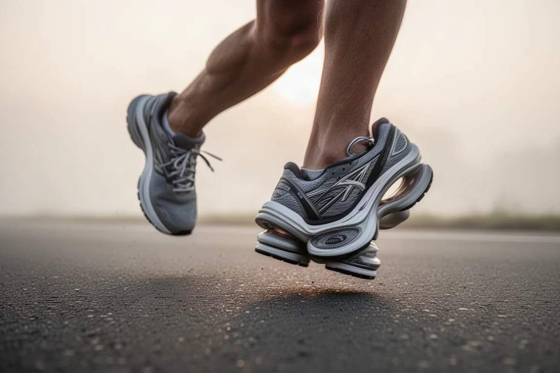 Runner's feet landing on a cushioned road shoe mid-stride on smooth asphalt