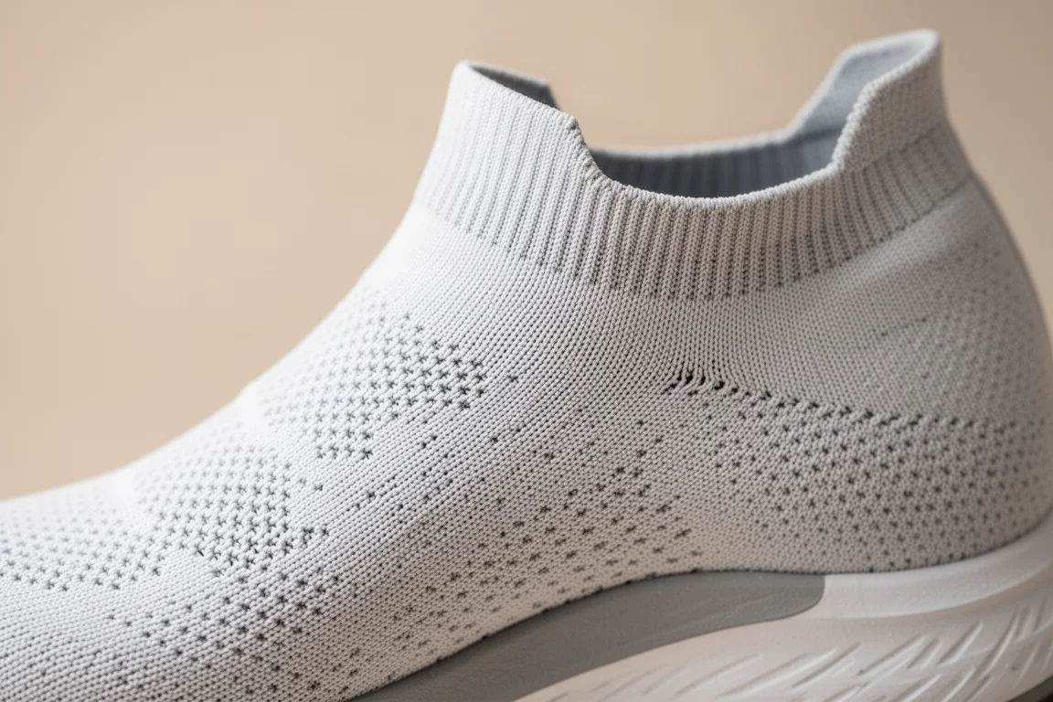 Seamless knitted shoe upper stretching over a foot, detail view of collar area