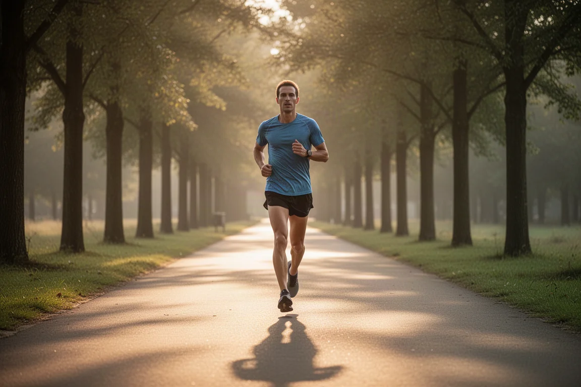 Runner jogging at an easy recovery pace on a tree-lined path