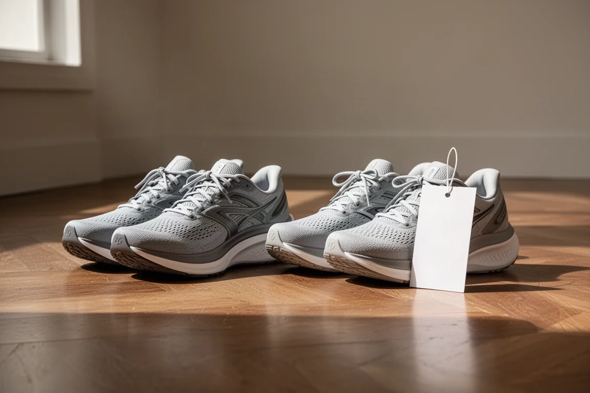 Two pairs of running shoes side by side on a wooden floor, buyer weighing the choice