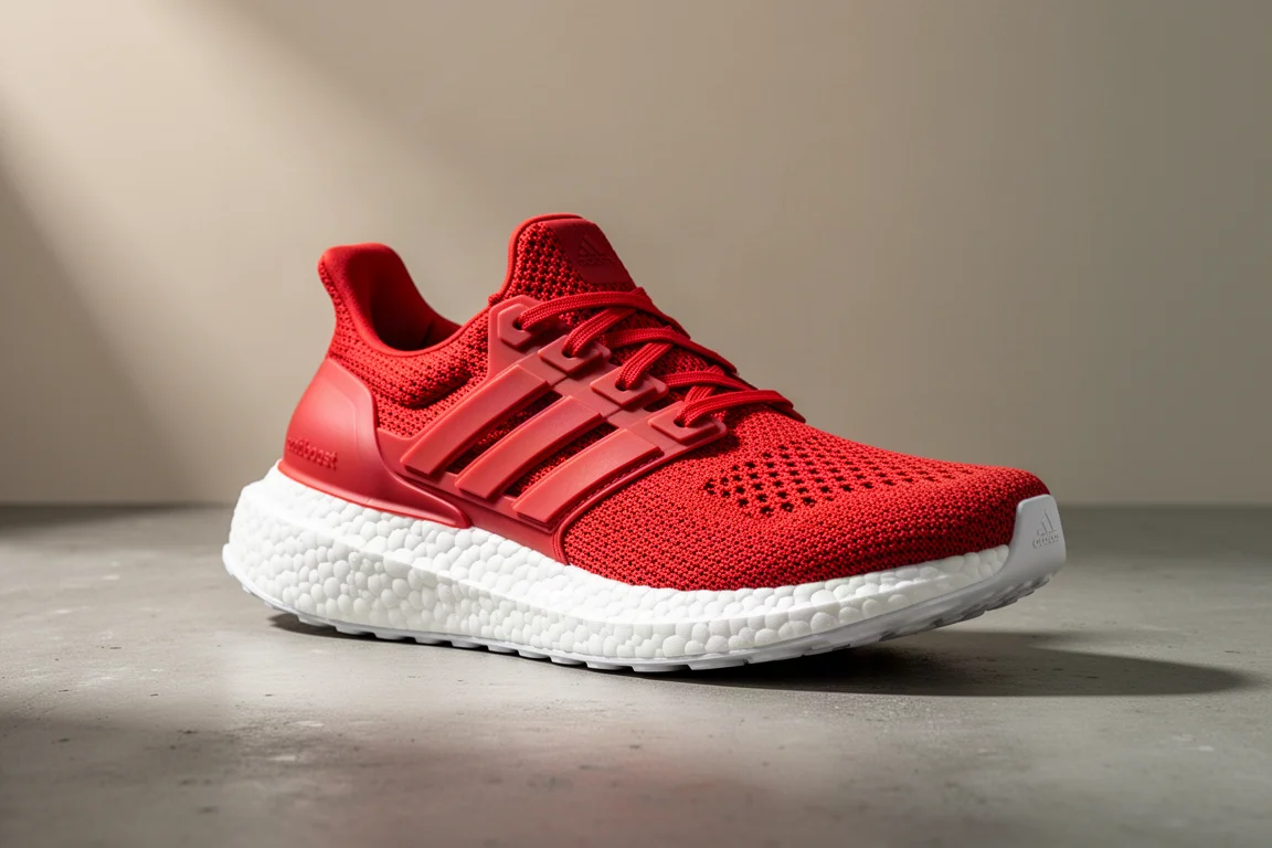 Scarpa da running Adidas Hyperboost Edge con intermedio spesso bianco a perline su superficie di cemento