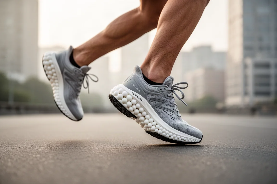 Runner's feet mid-stride on tarmac in a thick-cushioned max-stack trainer