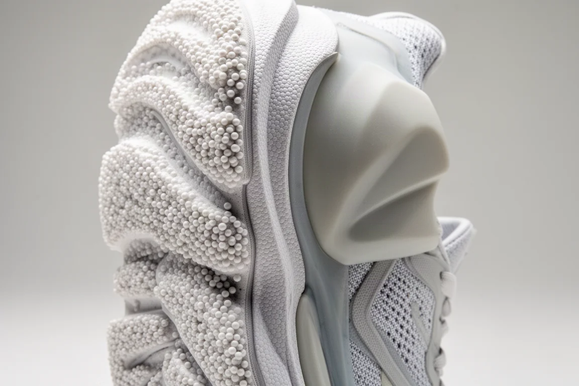 Close-up of a tall beaded foam midsole stack on a running shoe