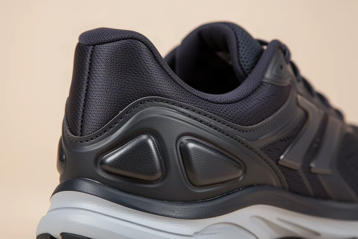 Heel collar detail of a running shoe showing a structured, padded heel counter