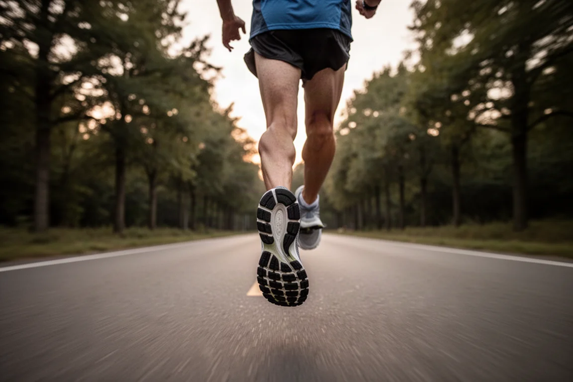 Runner picking up pace on a quiet road in soft evening light