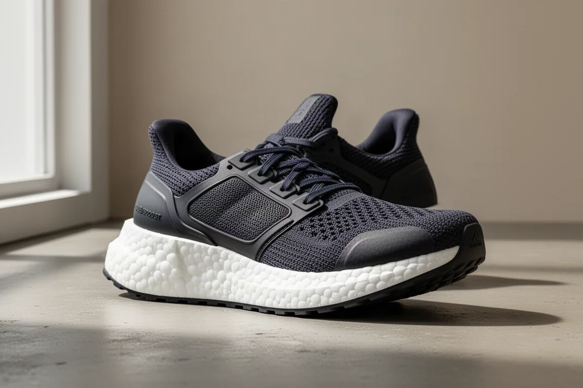 Adidas Hyperboost Edge 厚底跑鞋置於水泥地面上的樣子