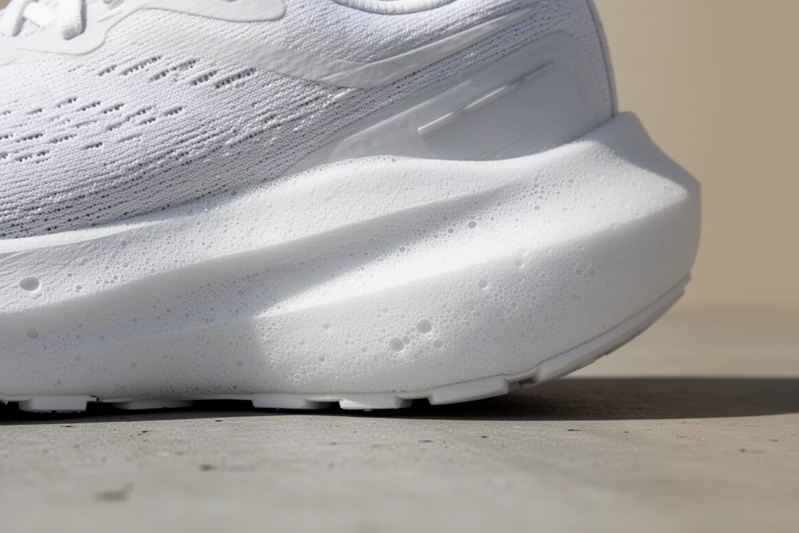 Close-up of the thick high-stack foam midsole of a running shoe