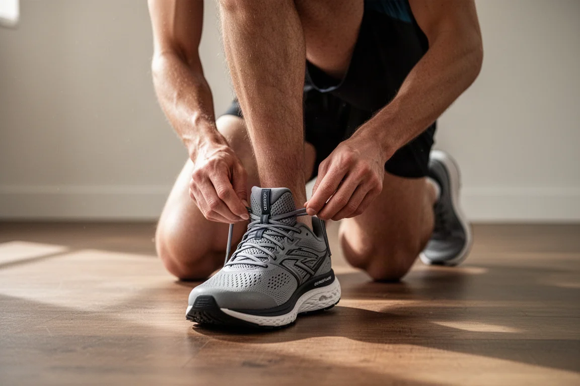 Runner lacing up a running shoe on a wooden floor