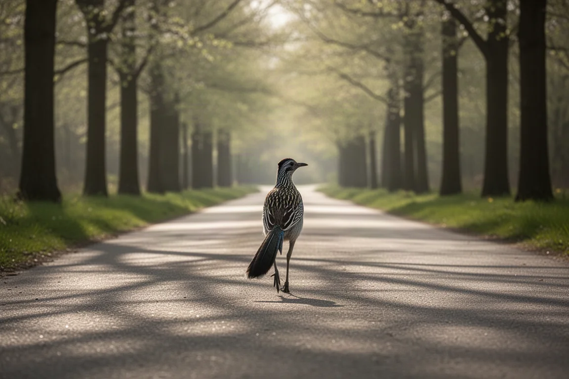 Road runner cruising along a quiet path in soft spring light