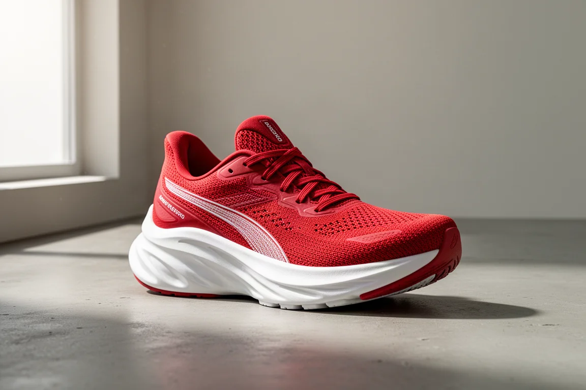 Adidas Hyperboost Edge, maxdämpad löparsko, på en betongyta