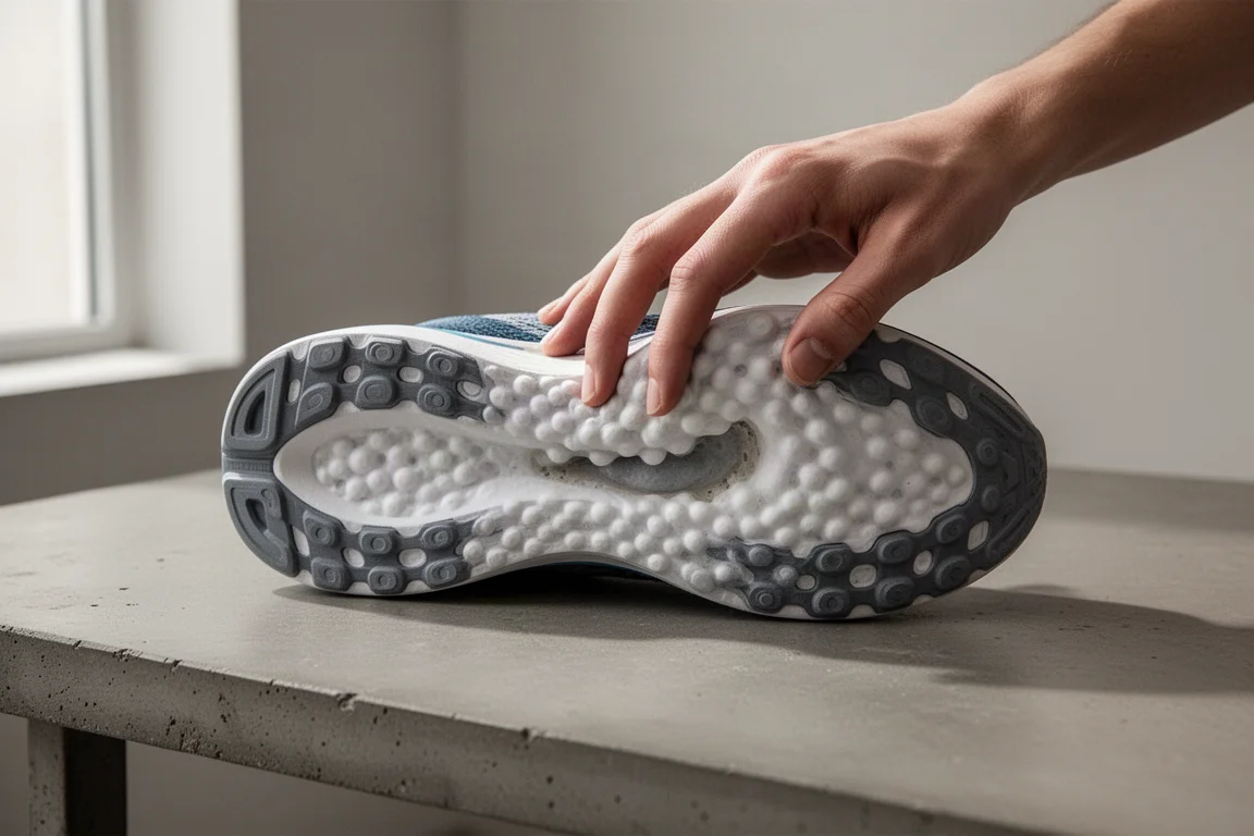Laufschuh-Mittelsohne von Hand auf einem Tisch gebogen, mit dichtem Perlenschaum sichtbar