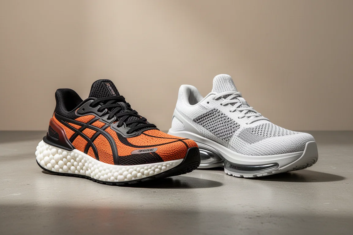 Adidas Hyperboost Edge och Asics Superblast 3 löparskor sida vid sida på betong