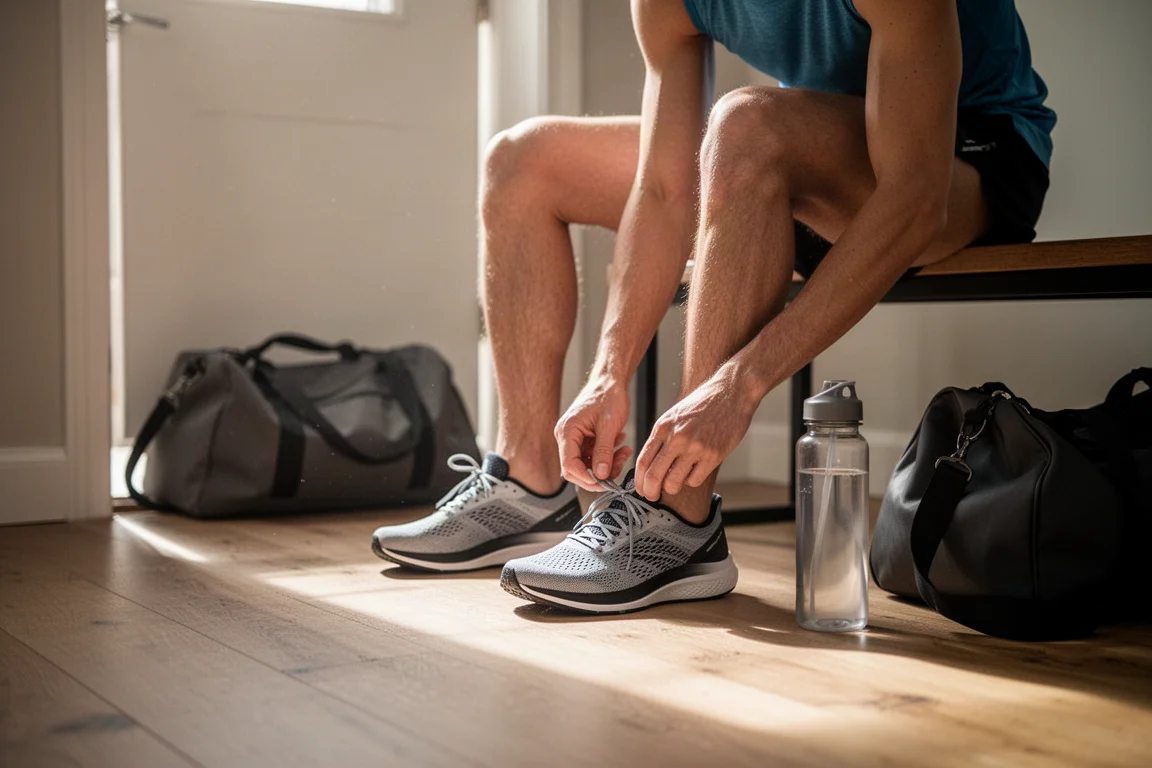 Runner lacing up a pair of lightweight running shoes by a door before a training session
