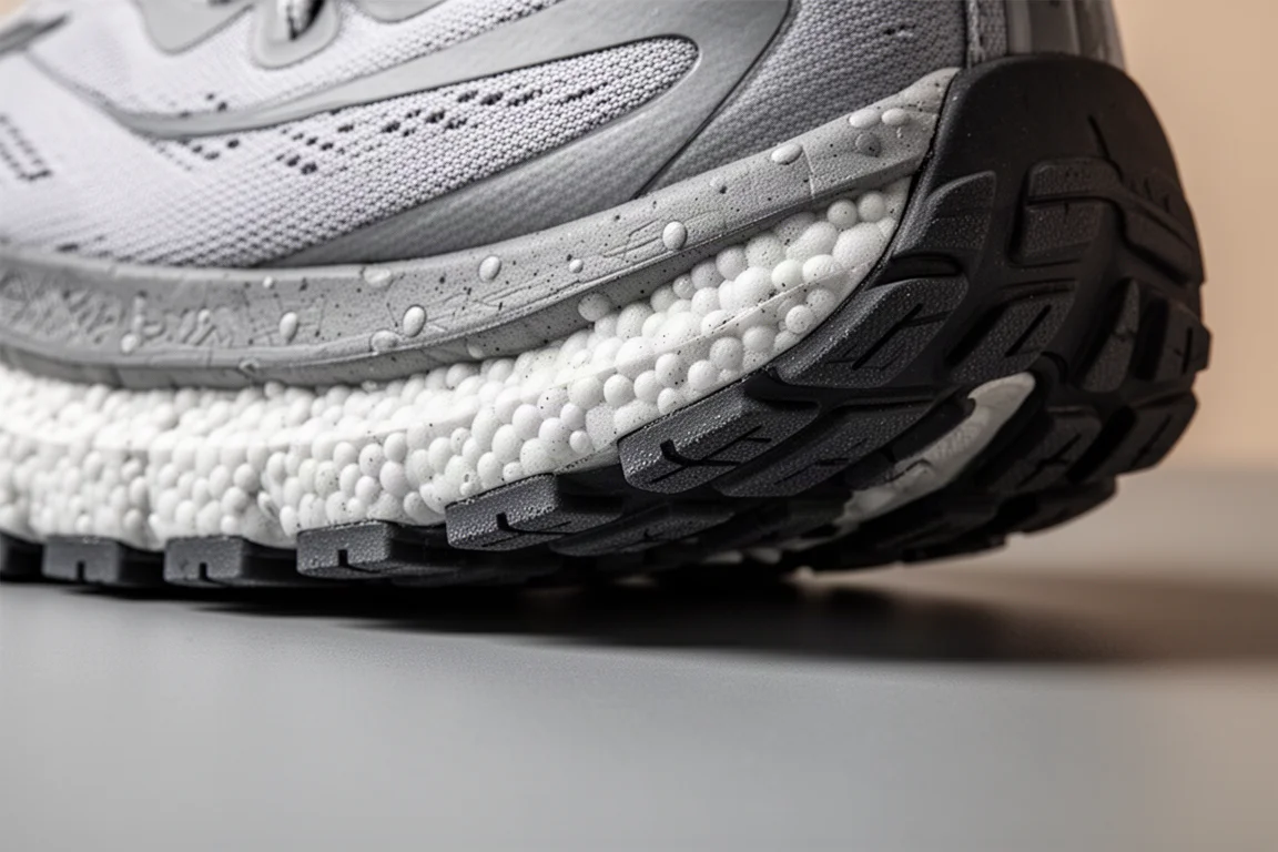 Close-up of a running shoe midsole and outsole showing foam structure and rubber coverage