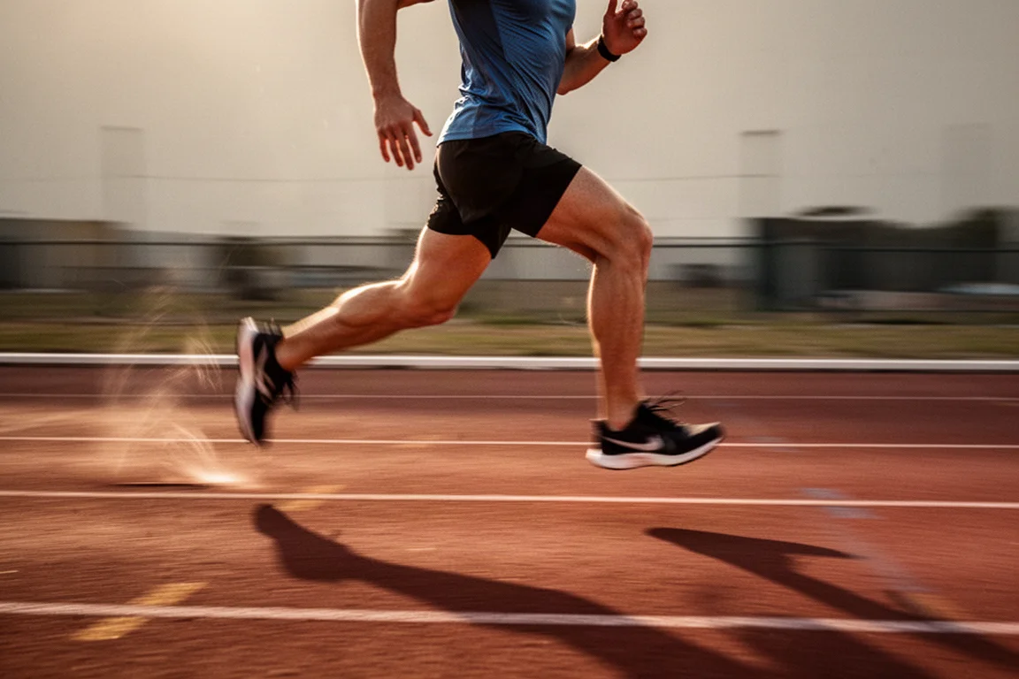 Runner moving quickly on an athletics track in soft late afternoon light