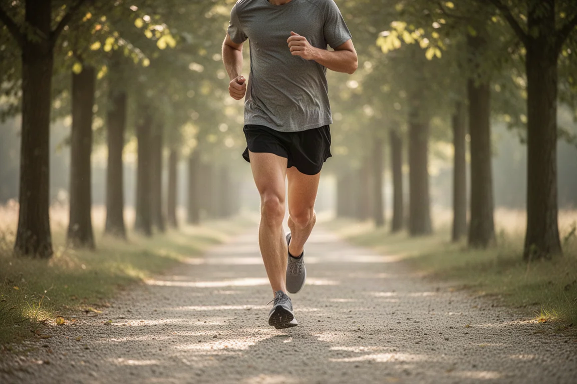 Runner jogging at an easy relaxed pace along a tree-lined path