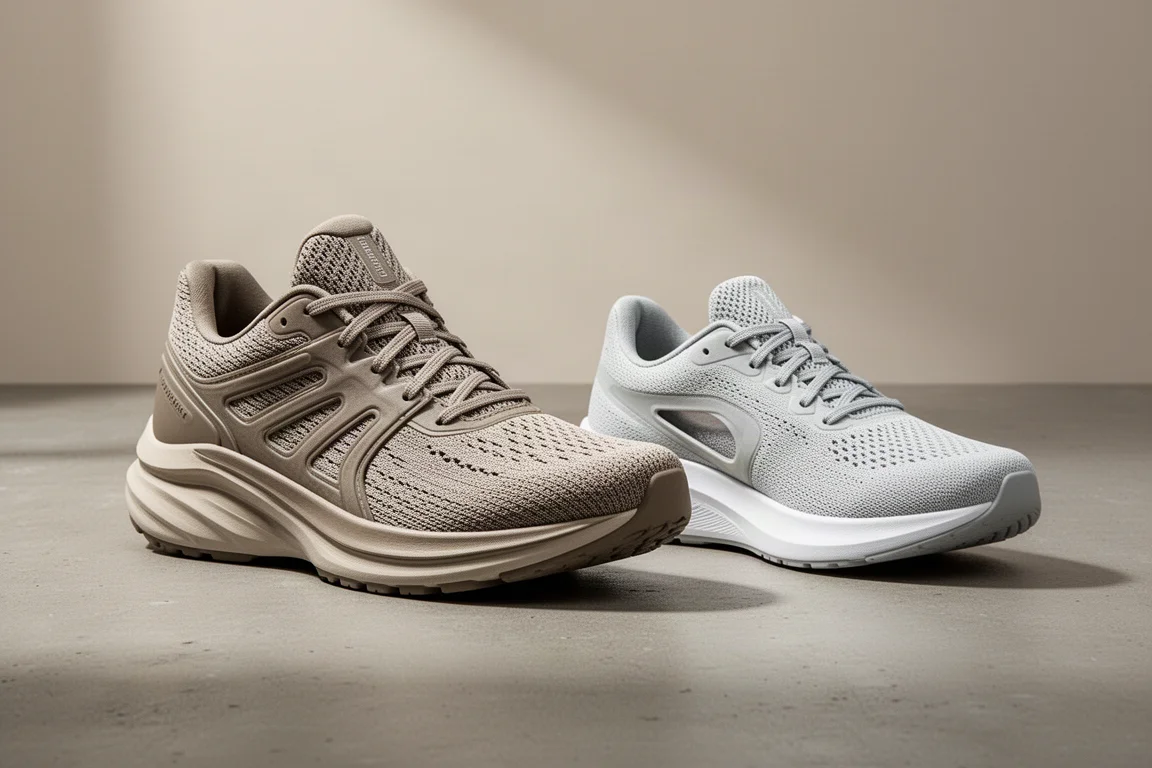 Adidas Hyperboost Edge 與 Evo SL 跑鞋並排放在水泥地面上