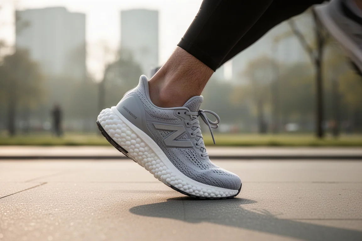 Pieds d'un coureur touchant un sol tendre dans une chaussure de running très amortie