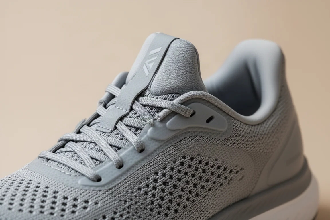 Gros plan sur la tige tricotée d'une chaussure de running avec un col de laçage épuré