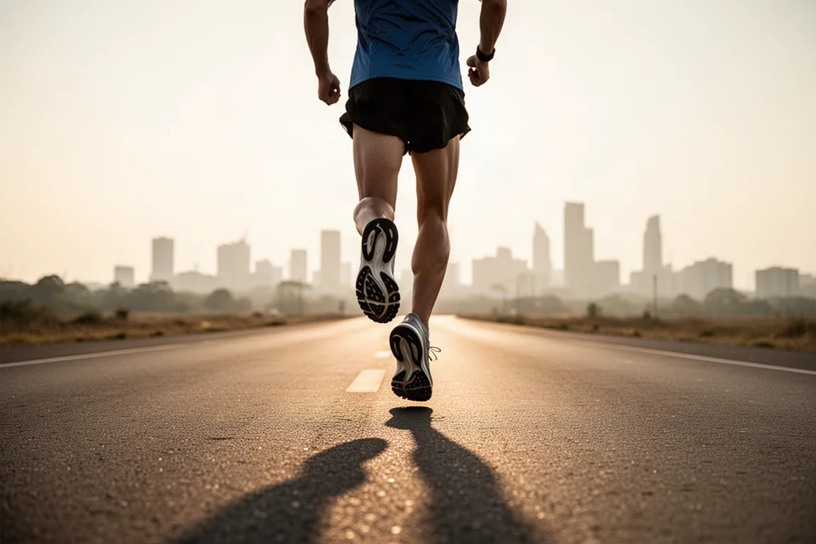 Coureur sur une route ouverte lors d'une sortie longue régulière à l'heure dorée