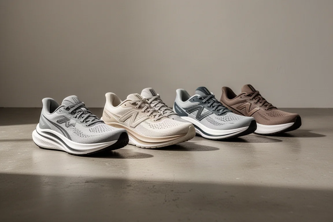 Ensemble de chaussures de running modernes alignées sur un sol en béton