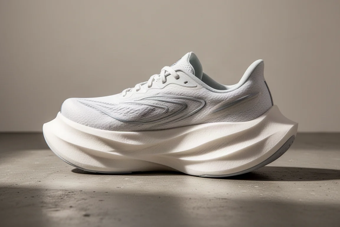 Primer plano de una mediasuela esculpida de zapatilla de running con geometría rocker sobre una superficie de estudio