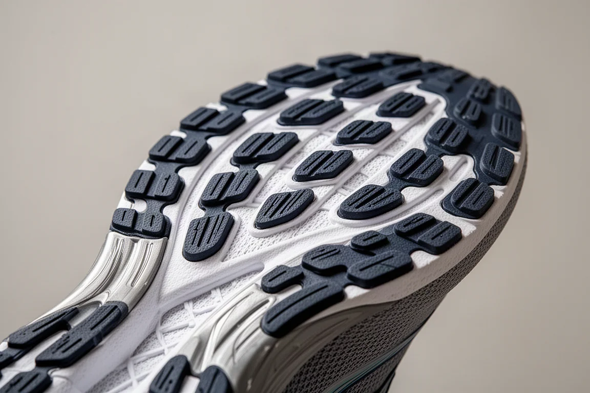 Detalle de la suela exterior de una zapatilla de running con tacos de goma en las zonas de mayor desgaste