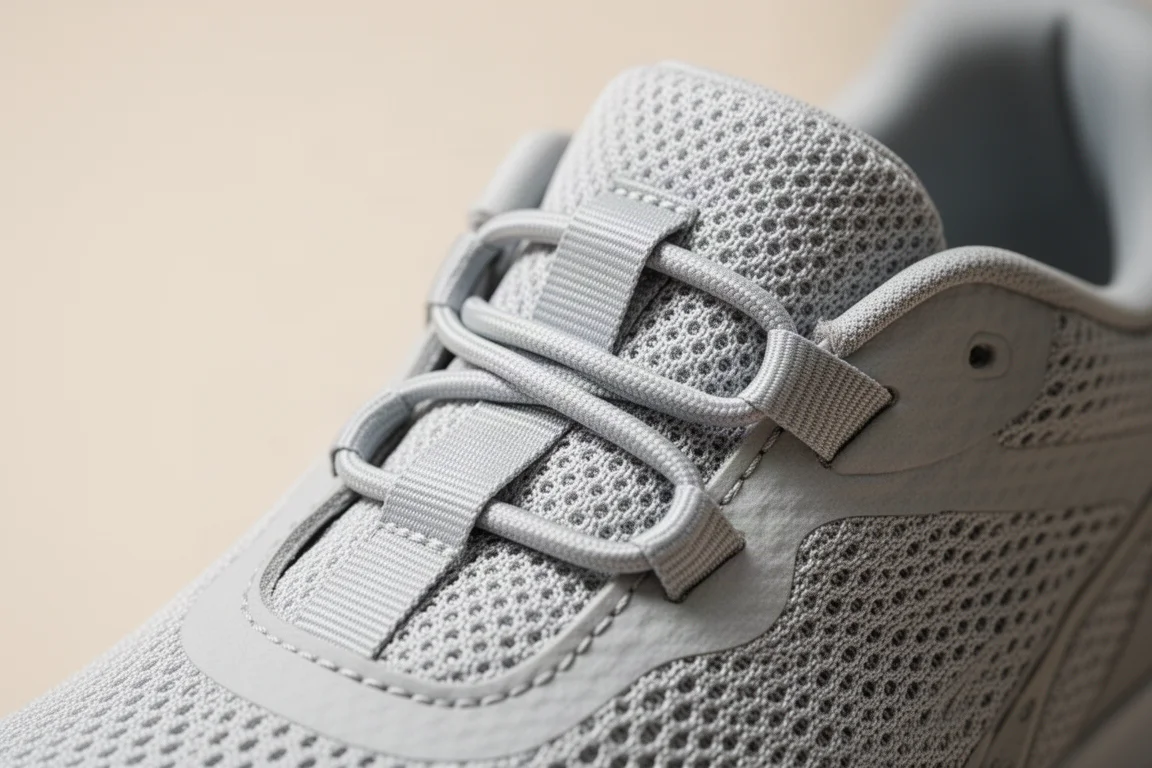 Primer plano de la lengüeta de una zapatilla de competición con doble bucle para los cordones y un ajuste sujeto