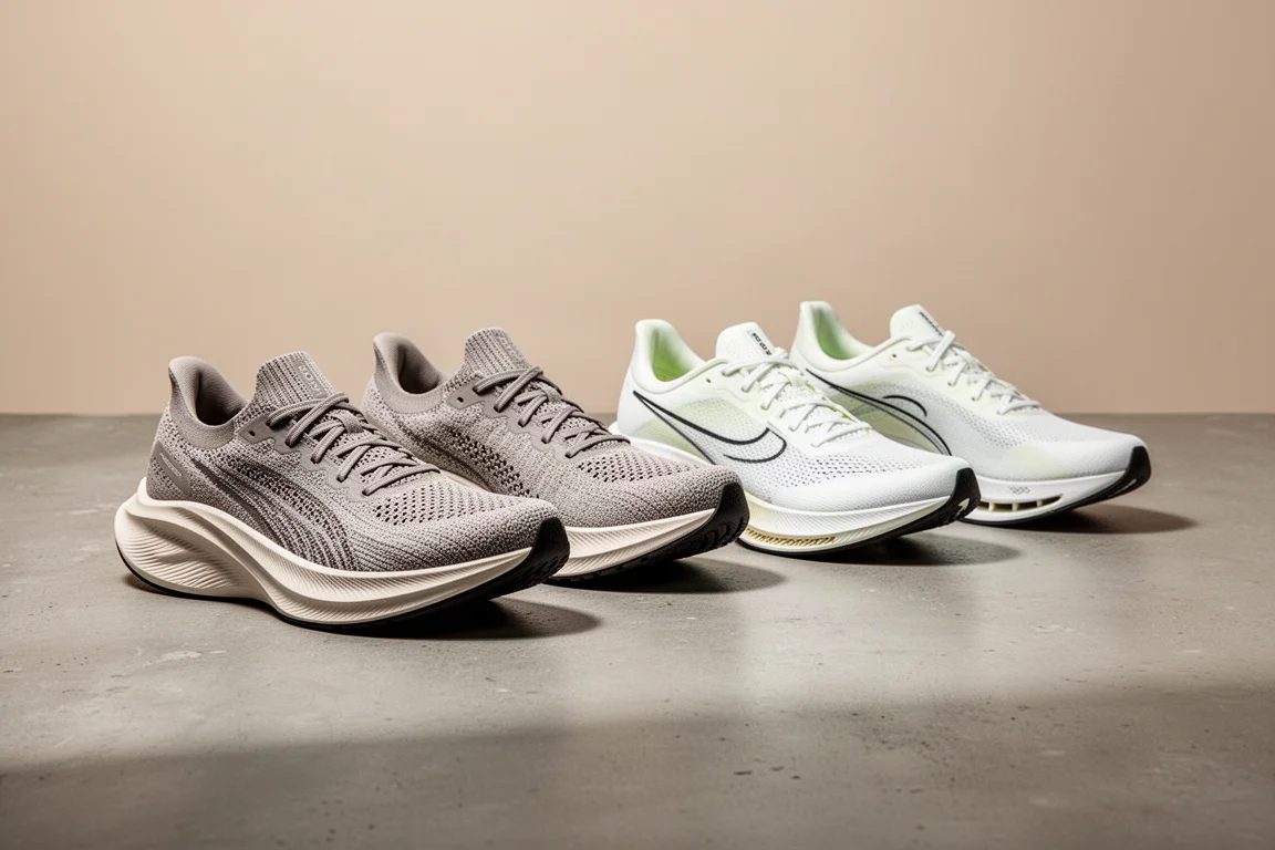 Four running shoes from Adidas and New Balance arranged on a concrete surface