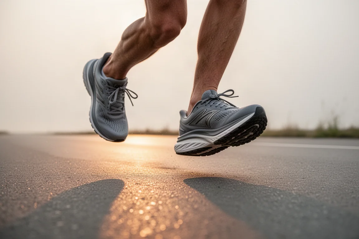 Running shoe midsole cross-section detail showing thick foam underfoot