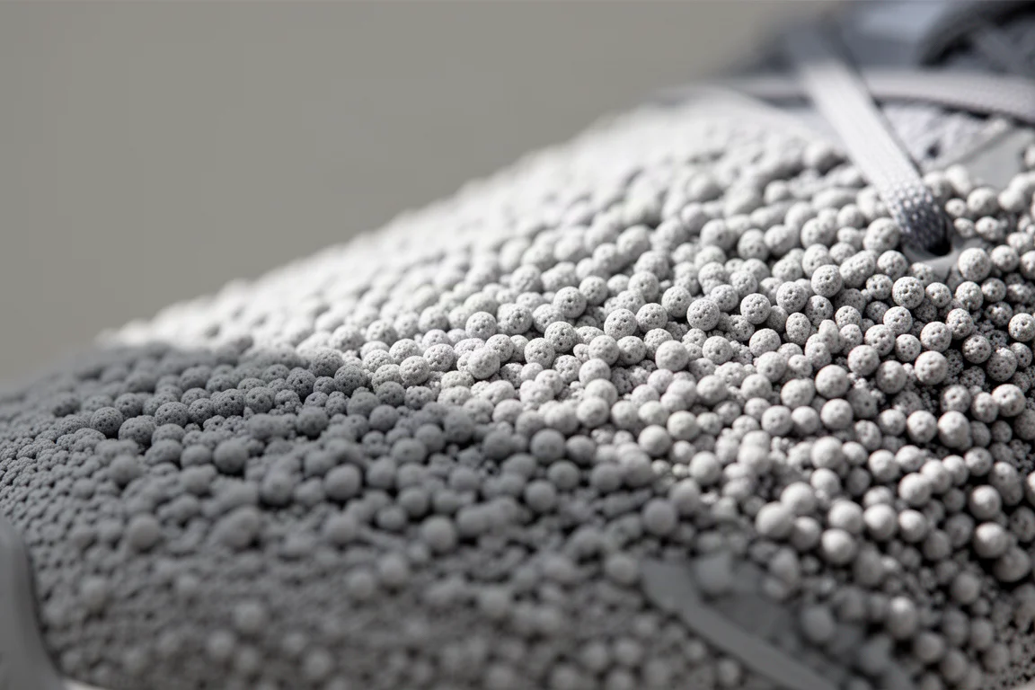 Gros plan sur une mousse de semelle intermédiaire granuleuse et texturée d'une chaussure de running